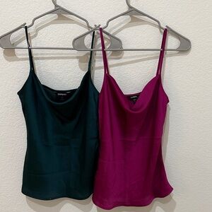 Express Women's Cowl Neck Spaghetti Strap Tops - Dark Green/Emerald and Magenta